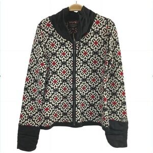 VTG Icelandic Design Floral Squares Zip Sweater Women M Black Ruched Funnel Neck